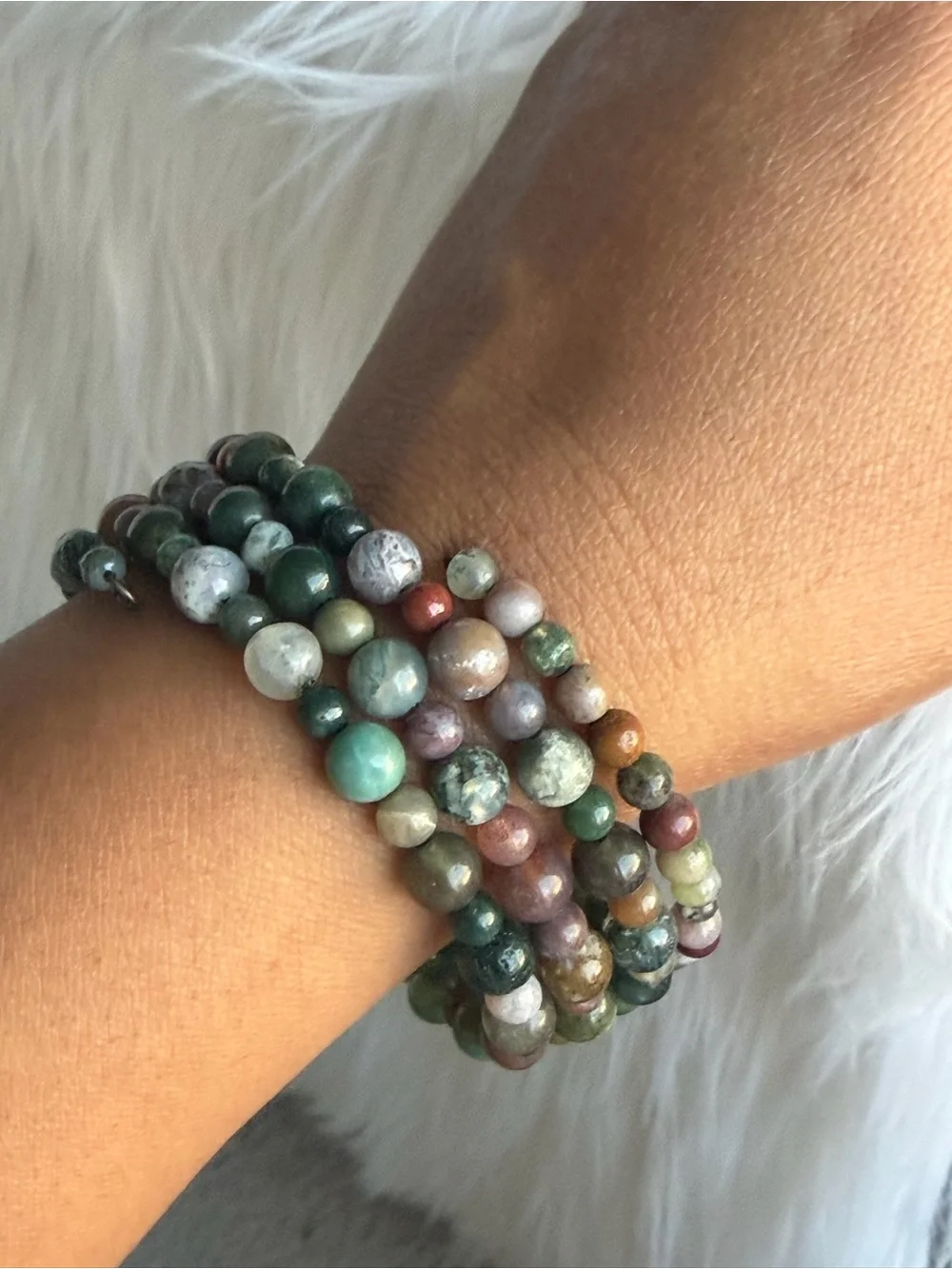 Multicolor Graduated Natural Stone Bead Memory Wire Bracelet - Green Accents